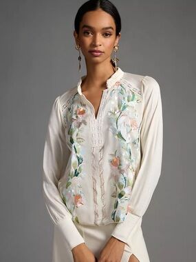 Anthropologie TINY Hartford Embroidered V-Neck Blouse XL Ivory